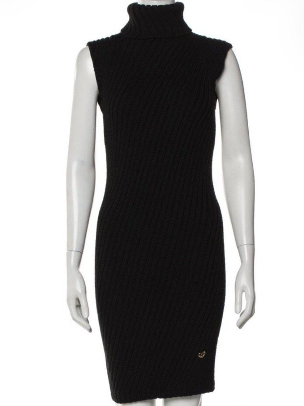Gucci Dress Black Stretch Sleeveless Turtleneck Wool Knit Italy Logo sz L